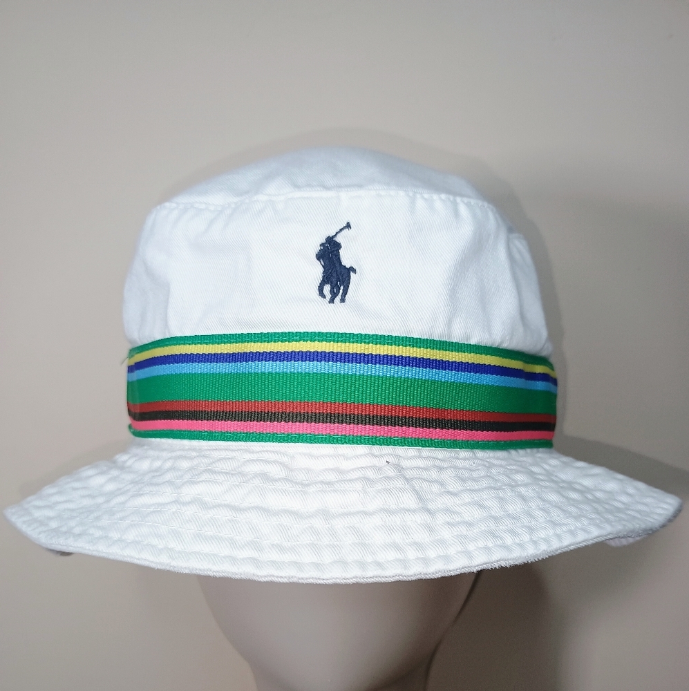 Polo by Ralph Lauren White Bucket Hat with Multicolor Stripe